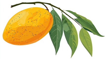 Vector illustration of a single yellow mango speckled with spots, hanging from a branch with green leaves