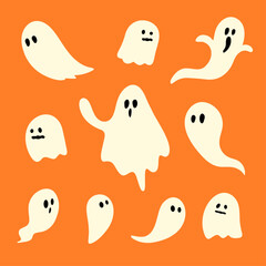 Cute Cartoon Ghost Characters on Orange Background for Halloween Design
