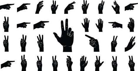Hand gesture silhouette vector set, black communication icons, finger sign clipart, expressive hand design, nonverbal symbol illustration pack