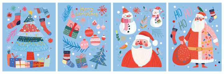 A set of four Christmas illustrations featuring Santa Claus, a Christmas tree, gifts, snowmen, socks, and snowflakes on a blue background. This flat cartoon vector design is perfect for a poster