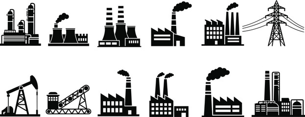 Industrial plant, energy facility, power station, oil pumpjack, mining rig, electricity tower, factory silhouette, black icon, infrastructure, vector illustration