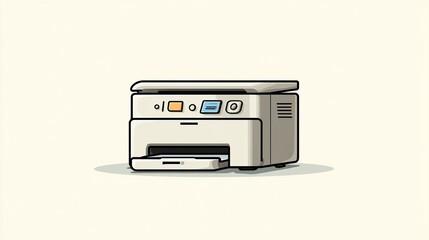 Illustrated, neutral-toned printer with flat design, showcasing buttons, paper tray, and vents against a cream backdrop