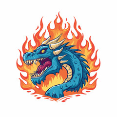 Fierce Blue Dragon Head with Fiery Mane Illustration.
