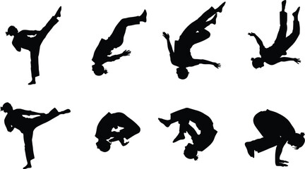 Martial arts silhouette icons, acrobatic movement vector, dynamic pose graphics, black action illustration set, athletic body motion design