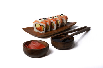 Salmon sushi roll isolated on white background