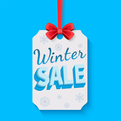 Winter sale banner. Beautiful winter sale background with snowflakes, red ribbon, and bow. Vector illustration of a winter Christmas sale for design.