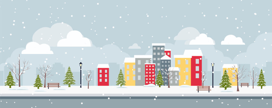 Winter city in snowy weather. Christmas town with falling snow. Winter cityscape with beautiful buildings and houses, vector illustration for Christmas design.