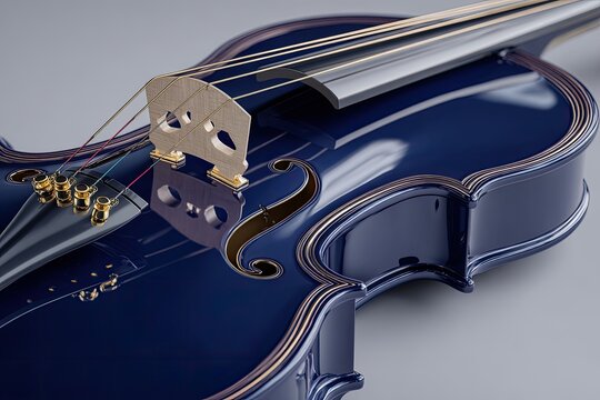 A shiny, dark blue stringed instrument, viewed close-up, shows its bridge and strings
