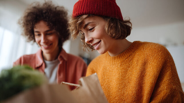 Two happy young women unpack groceries at home. Friendship, healthy eating and sustainable living concept. Warm tones, natural light. - Powered by Adobe