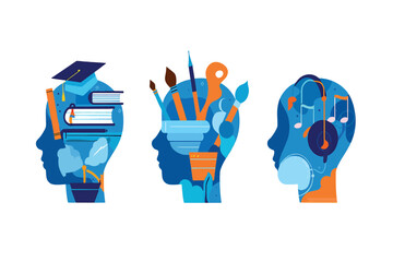 Abstract concept art depicting different areas of knowledge and creativity within human profiles