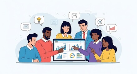 Diverse business team collaborating on a project, analyzing data charts on a laptop screen for strategic planning