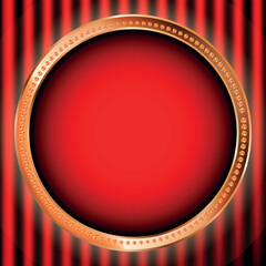 Shining retro light banner on red background with golden elements. Casino poster vintage style. Gold round frame, signboard vintage style. Vector illustration.