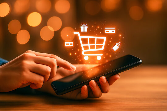 Mobile Online Shopping with Cart Icon on Smartphone (No Logo)