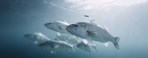 Striking underwater shot of striped fish swimming together. Captures natures beauty, marine life, or fishing concept. Suitable for articles, websites, and advertising.