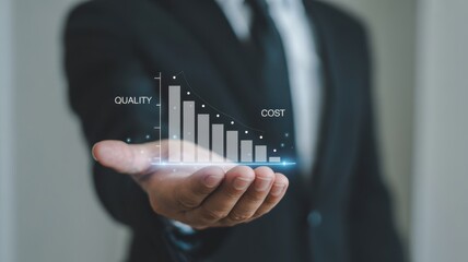 Businessman presenting a virtual graph showing the decline in cost and improvement in quality, symbolizing business strategy and success