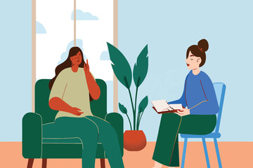 Psychotherapy session illustration with a woman talking to a female psychologist
