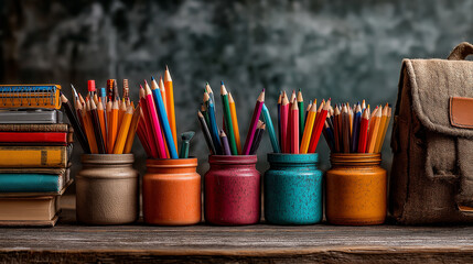 Back to School accessories concepts. School supplies such as pencils, pen, textbook, school bag and a green chalkboard.