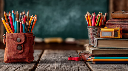 Back to School accessories concepts. School supplies such as pencils, pen, textbook, school bag and a green chalkboard.