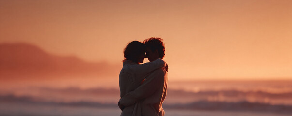 Romantic silhouette of a couple embracing on the beach at sunset. Warm colors evoke feelings of love, intimacy, and connection. Perfect for relationship, travel, or lifestyle content.