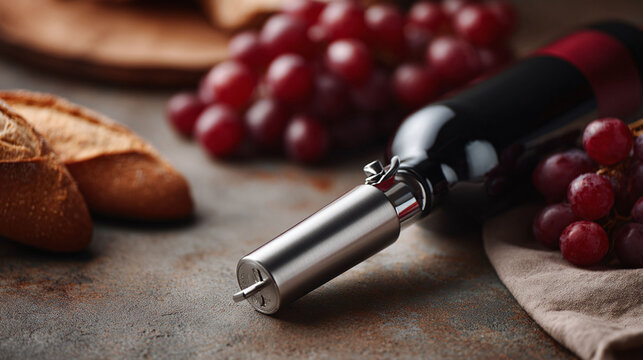 Elegant still life featuring a bottle of red wine with grapes and crusty bread. Evokes a sense of gourmet dining, relaxation, and celebration. Perfect for food, lifestyle, or hospitality themes.