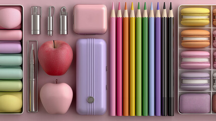 Back to School accessories concepts. School supplies such as pencils, pen, textbook, school bag and a green chalkboard.