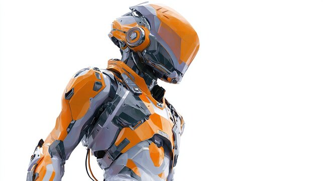 Futuristic figure with a helmet and body armor stands against a clean white background, angled - Powered by Adobe