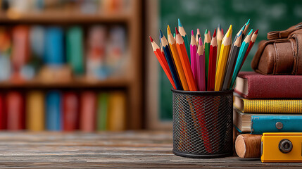 Back to School accessories concepts. School supplies such as pencils, pen, textbook, school bag and a green chalkboard.