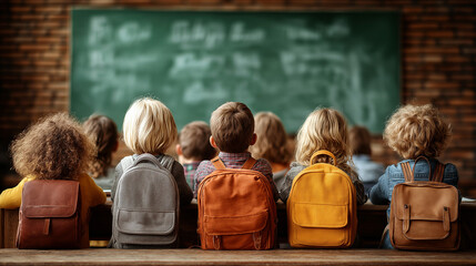 Back to School accessories concepts. The Students are seated in a classroom, facing the green chalkboard with their back turned toward the viewer.
