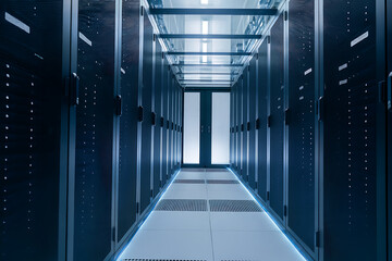 Data center avec racks de serveurs et réseau, 