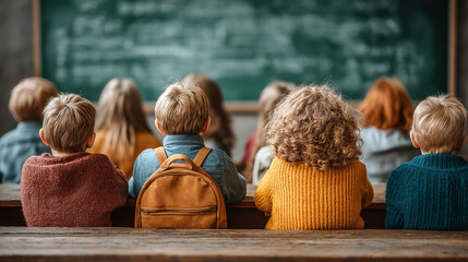 Back to School accessories concepts. The Students are seated in a classroom, facing the green chalkboard with their back turned toward the viewer.