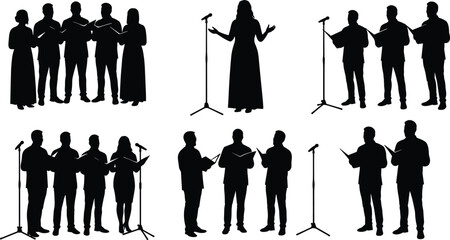 PrintSilhouettes of choir singers performing with microphones, group of people singing together in harmony, concert performance, vocal music illustration