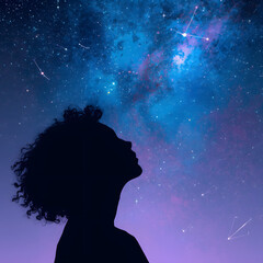 Silhouette of a person looking up at a vibrant, colorful nebula and starry night sky, evoking wonder and dreams