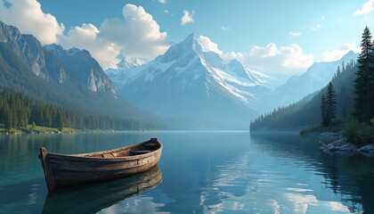 Empty wooden rowboat floats on calm blue lake reflecting snowy mountains and pine forest. Clear sky with white clouds. Peaceful wilderness scene, tranquil nature setting.