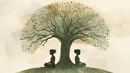 Two silhouettes meditating under a stylized tree of life made of circuit board patterns, symbolizing technology and natures connection