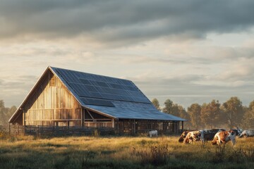 A modern barn with solar panels and cows grazing in a field