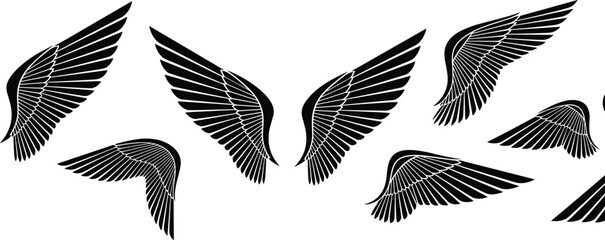 Wing vector icons, black feather illustrations, stylized angel wings, tattoo design elements, aerodynamic shapes, digital art set, symbolic graphics © Mim's World