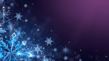 Glowing snowflakes falling in a purple blue winter night, empty space for adding text. Perfect for festival wish card.