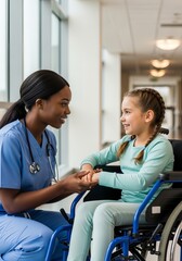 Fototapeta premium African American nurse comforting young girl in hospital corridor