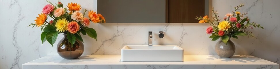 Fototapeta premium A modern bathroom sink with a stylish vase filled with colorful flowers, adding a touch of elegance and freshness to the space , home, clean