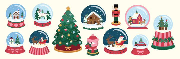 Obraz premium Christmas snow globes set with festive winter transparent balls, glass crystal baubles featuring tree, Santa Claus, house, magic snowglobes, snowballs, flat vector illustration isolated on white backg