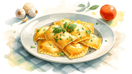 Delicious ravioli with fresh basil and chives served on a white plate with garlic and tomato in the background, watercolor illustration
