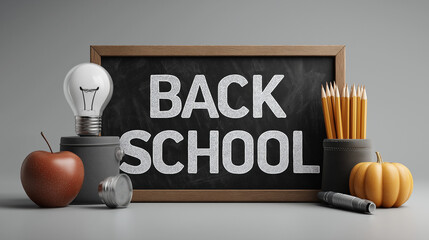 Back to School accessories concepts. School supplies such as pencils, pen, textbook, school bag and a black chalkboard. Generations AI Illustration.