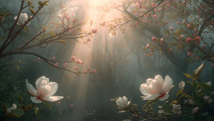 Enchanting spring forest scene with blooming magnolia flowers and ethereal sunbeams filtering through the trees