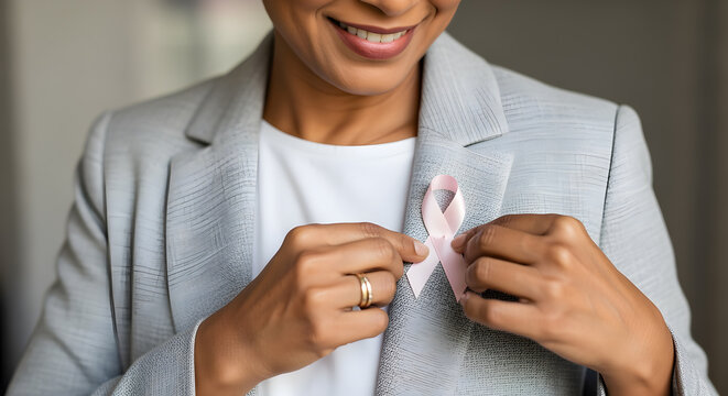 Woman affixes pink ribbon to her blazer to support awareness for health related causes event