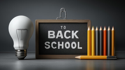 Back to School accessories concepts. School supplies such as pencils, pen, textbook, school bag and a black chalkboard. Generations AI Illustration.