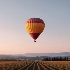 Serene view of a hot air balloon drifting over a vineyard at dawn. Symbolizes adventure, travel, and freedom. Ideal for travel blogs, inspiring content, or scenic backgrounds.