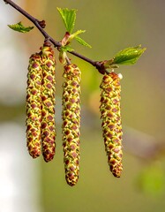 Fototapeta premium Close-up of birch catkins and fresh green leaves