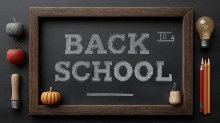 Back to School accessories concepts. School supplies such as pencils, pen, textbook, school bag and a black chalkboard. Generations AI Illustration.