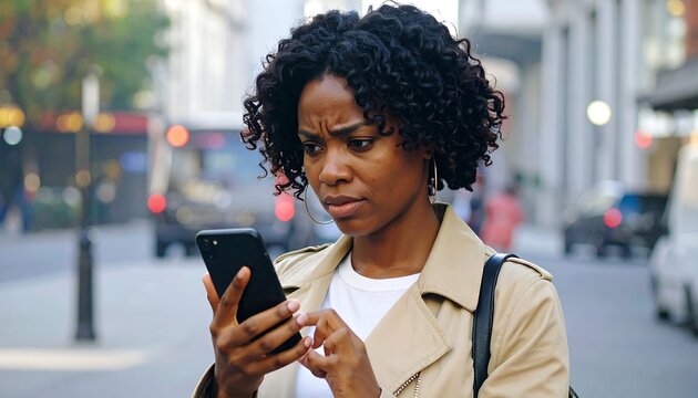 Woman with curly hair using phone in the street with a confused expression