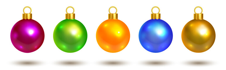 Vector set of glossy Christmas balls in festive colors. Perfect holiday decoration elements for New Year cards, winter celebration design, seasonal posters and xmas projects